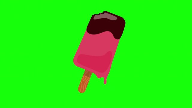 Bitten chocolate dipped strawberry ice cream bar on green screen