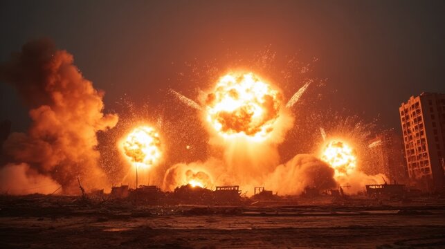 Dramatic and Dynamic Scene of Explosive Fireballs Erupting from Ruins in a Cinematic Display of Chaos and Destruction