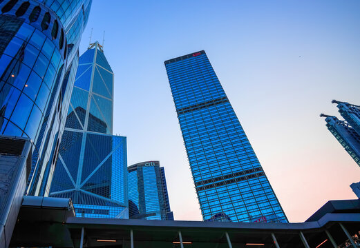 Hong Kong futuristic cityscape in Central Financial District. Bank of China Tower Building and Cheung Kong Center skyscraper glass facade city panorama. Citibank Tower. China, Hong Kong, Jan 8, 2026