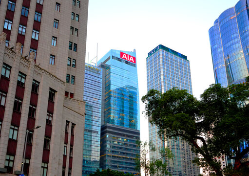 China Construction Bank and AIA Hong Kong Group, Central Cheung Kong Center towers skyscrapers. Central Business District China, Hong Kong, Jan 8, 2026.