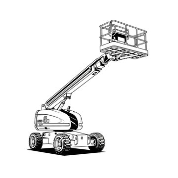 Line art illustration of a telescopic boom lift on wheels