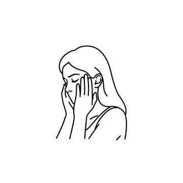 A simple line drawing depicts a woman covering her face in distress