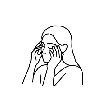 A minimalist line drawing depicts a woman covering her face with hands