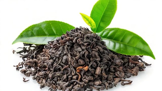 Video A pile of black tea next to a green leaf on a table
