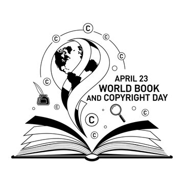World book and copyright day illustration featuring earth books and tools