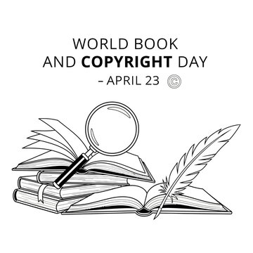 World book and copyright day illustration with books feather and magnifying glass