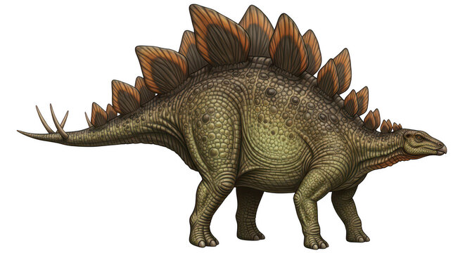 Majestic Stegosaurus dinosaur walking prehistoric era ancient reptile with plated back and spiky tail detailed illustration on transparent gray checkered background.
