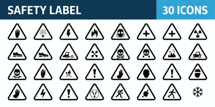 Comprehensive vector collection featuring thirty distinct triangular safety warning signs and hazard symbols designed for industrial and workplace safety compliance and awareness