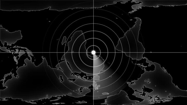 Digital radar screen scanning map animation, futuristic military surveillance interface for data visualization