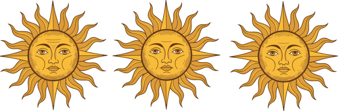 Vintage Sun Face Vector Illustration Set with Decorative Celestial Symbols, Radiant Solar Icons, and Mythological Style Design for Tattoo, Logo, and Art