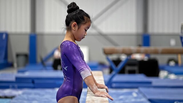 a nine year old girl gymnast rubbing chalk on her hands before a workout. High-detail portrait of a young child athlete showing focus and preparation in a professional gym.