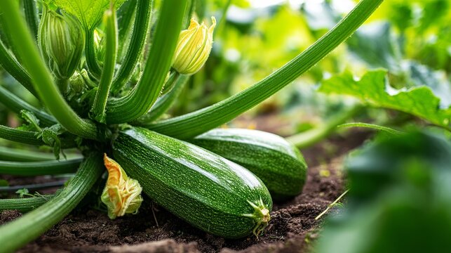 A close-up view of two green zucchinis growing in a garden with lush foliage and yellow flowers.