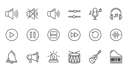 Black Silhouette Vector Sound Icon Set. A comprehensive collection of meticulously designed icons representing a diverse array of audio elements perfect for digital interfaces and multimedia projects. © FlexArt