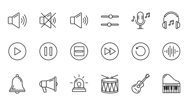Black Silhouette Vector Sound Icon Set. A comprehensive collection of meticulously designed icons representing a diverse array of audio elements perfect for digital interfaces and multimedia projects.