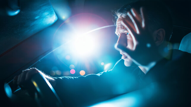 Driver feeling frustrated and angry during night commute, experiencing glare from oncoming headlights or emergency vehicle