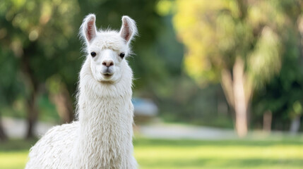 Fototapeta premium White llama standing in a natural environment, watching viewers with curiosity. Its soft fur catches the sunlight