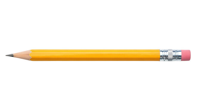 Classic yellow number two pencil with a pink eraser and silver metal ferrule on a transparent background, essential writing and drawing tool for school and office.