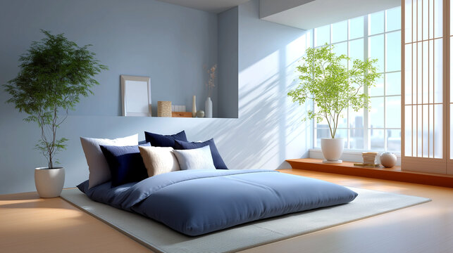 Japanese futon bed with pillows in bright minimalist bedroom with plants sunlight and large window creating calm zen home interior