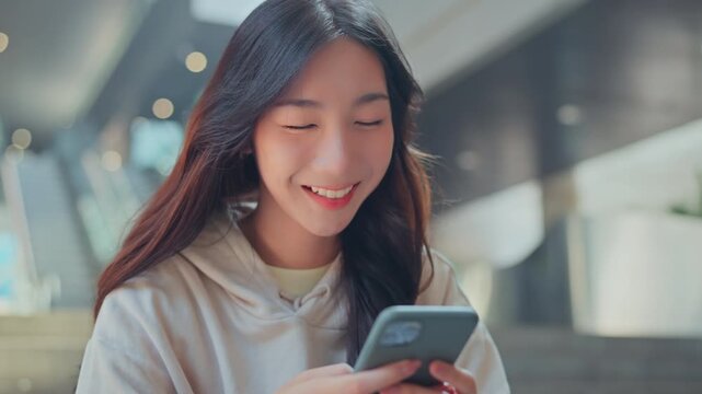Happy Asian Gen Z woman smiling while using a smartphone in a modern building. Young female adult enjoying digital lifestyle and social media connection, reflecting digital transformation.