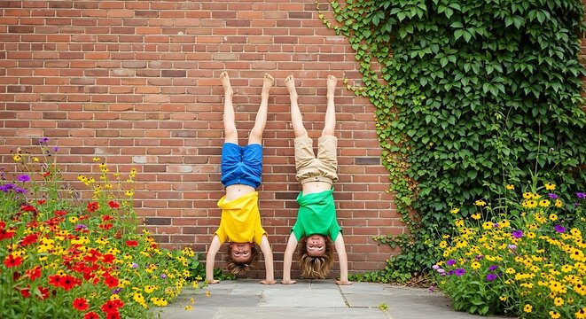 Playful children doing handstands against brick wall, active kids having fun in summer garden, happy childhood moments