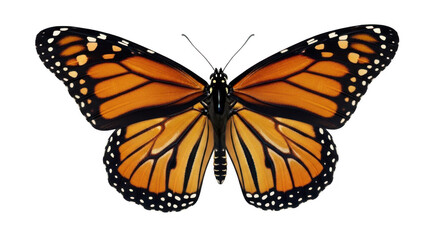 Fototapeta premium Monarch butterfly spread wings orange black white pattern intricate details isolated on transparent background insect wildlife nature beauty delicate.
