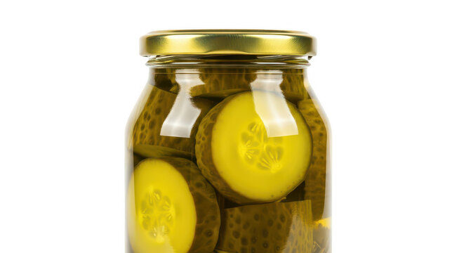 Glass jar filled with green sliced pickles in vinegar brine isolated on transparent background for food packaging design glass container with organic vegetables preserved in salty water.