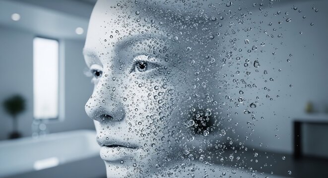 Close-up of a human face dissolving into digital particles representing AI and technology.