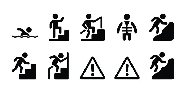 Set of black and white icons depicting safety measures and potential hazards in various environments and activities, including swimming, climbing stairs, and navigating treacherous terrain