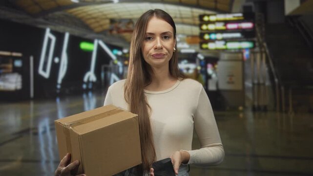 Woman holding cardboard box and smartphone, frowning and extending hand in airport concourse; travel frustration.