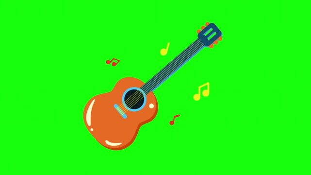 Cartoon Acoustic Guitar with Floating Music Notes on Green Screen