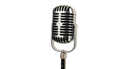 Fototapeta premium Vintage silver studio microphone on stand for professional audio recording or radio broadcast isolated on transparent background for music industry production and podcasting projects.