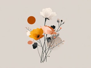 Naklejka premium Modern Minimal Floral Design with Trendy Flat Colors, Featuring Elegant Flowers and Geometric Shapes