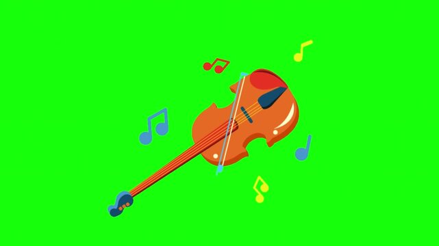 Animated Violin with Bow and Musical Notes on Green Screen
