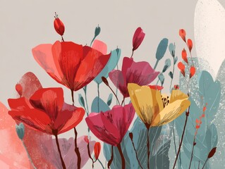 Naklejka premium Vibrant Modern Floral Illustration with Diverse Colors and Creative Flat Design Elements