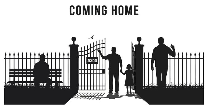 Silhouettes of people entering a school gate during the day