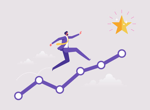 Progress or journey to success or achieve goal concept, business step or career path, ambitious businessman run on progress bar to achieve success