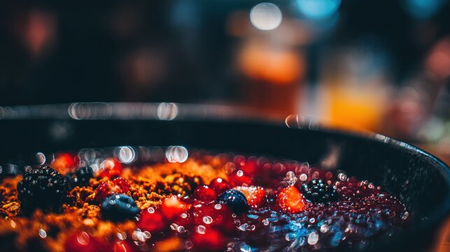 Richly textured fruit bowl topped with granola and fresh berries sits in dim lighting