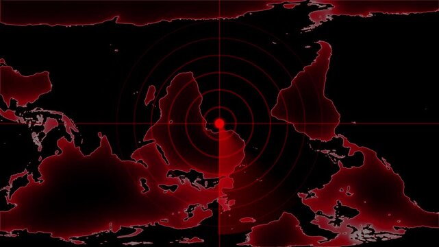 Red digital radar screen scanning map interface, global surveillance and cyber security technology background