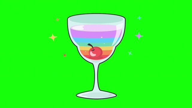 Rainbow Cocktail with Cherry Animation on Green Screen