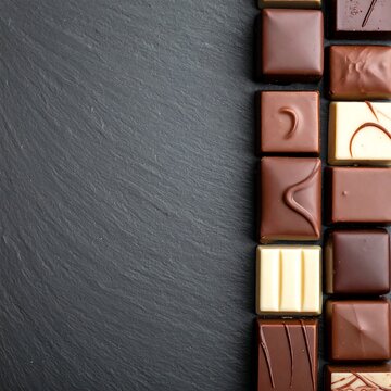 Row of assorted chocolate candies and bars arranged on a textured dark surface with dark background