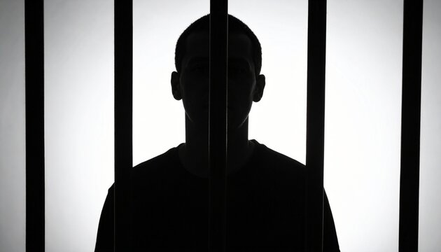 Dramatic silhouette of an individual standing behind metal bars, representing incarceration and restricted freedom