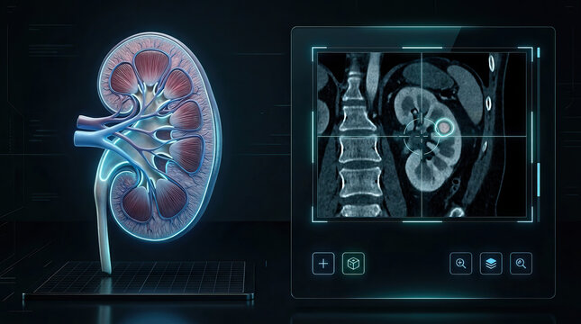 Kidney anatomy model with detailed internal structure and digital medical scan showing cross sectional imaging for diagnostic purposes in futuristic healthcare setting