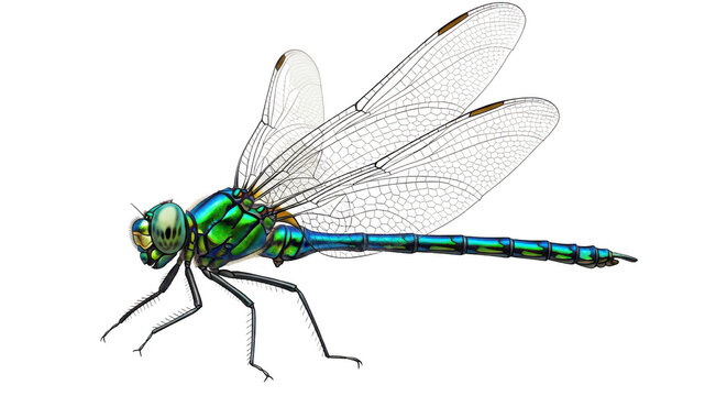 Detailed illustration of a vibrant green and blue dragonfly with intricate transparent wings perched on a gray checkered background, representing nature and insects.