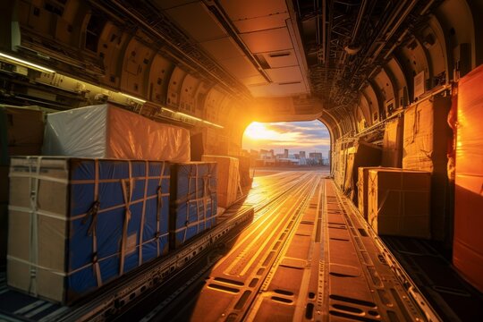 Boxes and cargo containers filling a military transport aircraft at an airfield during sunset