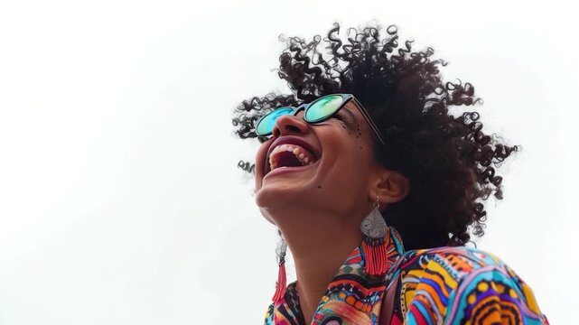 Video A happy woman wearing sunglasses and a colorful shirt, smiling at the camera