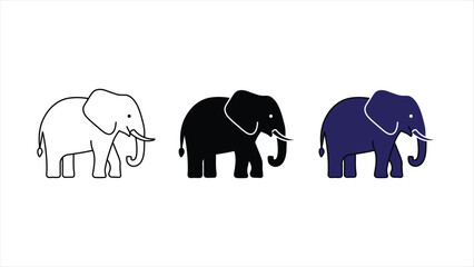 Fototapeta premium Set of three stylized elephant animal icons with outline, solid black, and blue filled vector illustrations isolated on white background