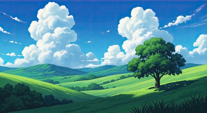 Serene landscape with lush green hills and fluffy white clouds