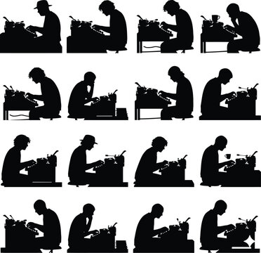 Silhouettes of Author and Journalist Writing on Vintage Typewriter in Various Poses