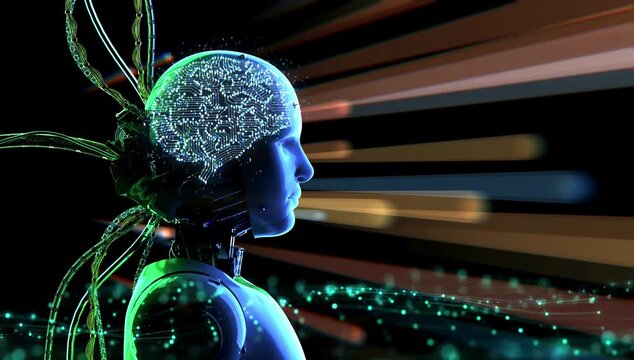 A futuristic robotic woman with a circuit board head gazes forward amidst green neon lights and wires.