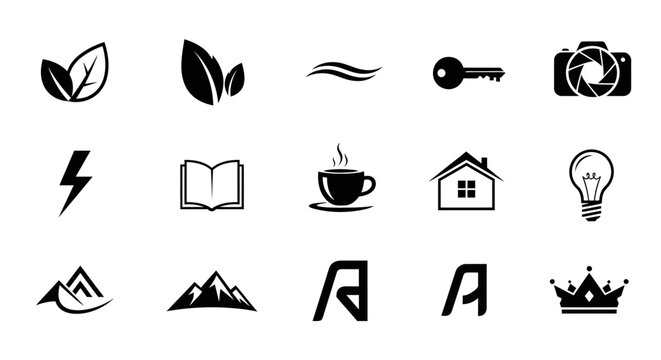 Collection of black icons on white background for design and creative projects